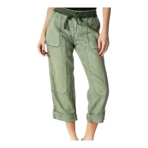 Anthropologie Linen Crochet Olive Green Capris